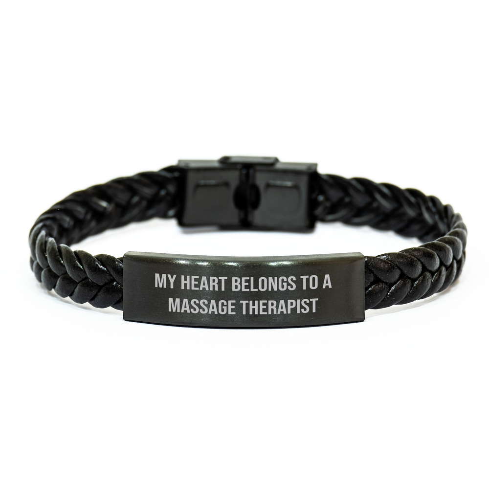 Funny Massage Therapist Gifts from Friends, Unique Interlaced Leather Bracelet for Men, My Heart Belongs To A Massage Therapist, Father's Day Unique Gifts - Image 1