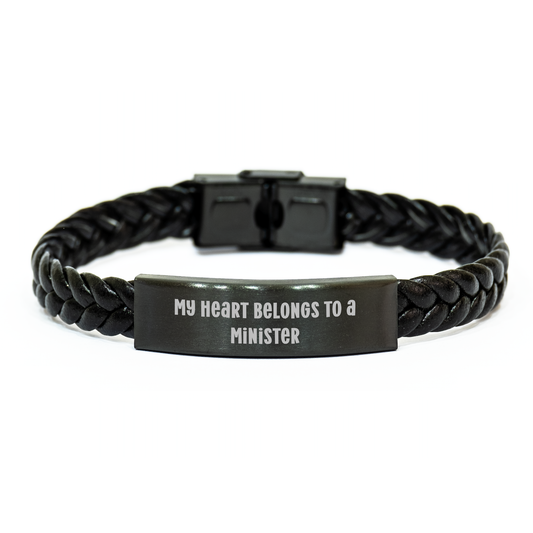 Funny Minister Gifts, Interlaced Leather Bracelet for Mother's Day, 'My Heart Belongs To A Minister' Quote, Gifts from Men to Minister, Unique Minister Gifts - Image 1