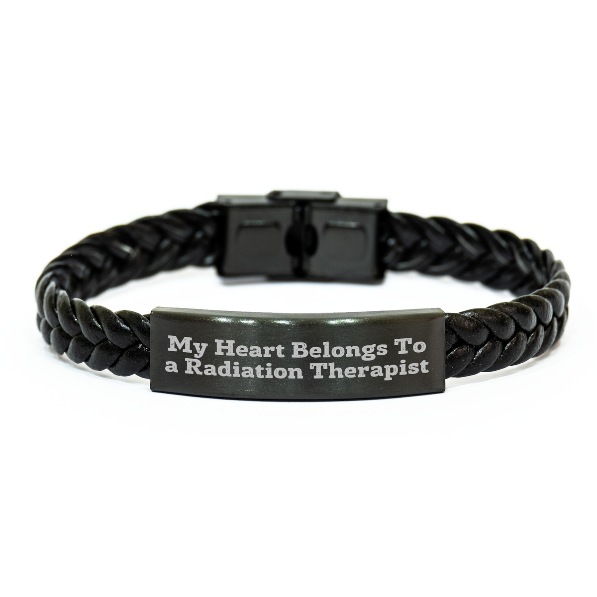Funny Radiation Therapist Gifts, Interlaced Leather Bracelet with Quote 'My Heart Belongs To A Radiation Therapist', Gifts from Coworkers for Radiation Therapist Dad on Father's Day - Image 1