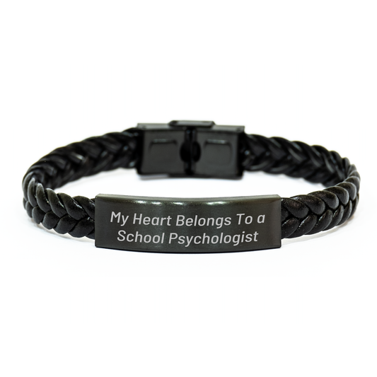 Funny School Psychologist Gifts for Her - Interlaced Leather Bracelet with Quote 'My Heart Belongs To A School Psychologist' from Family - Mother's Day Unique Gifts - Image 1