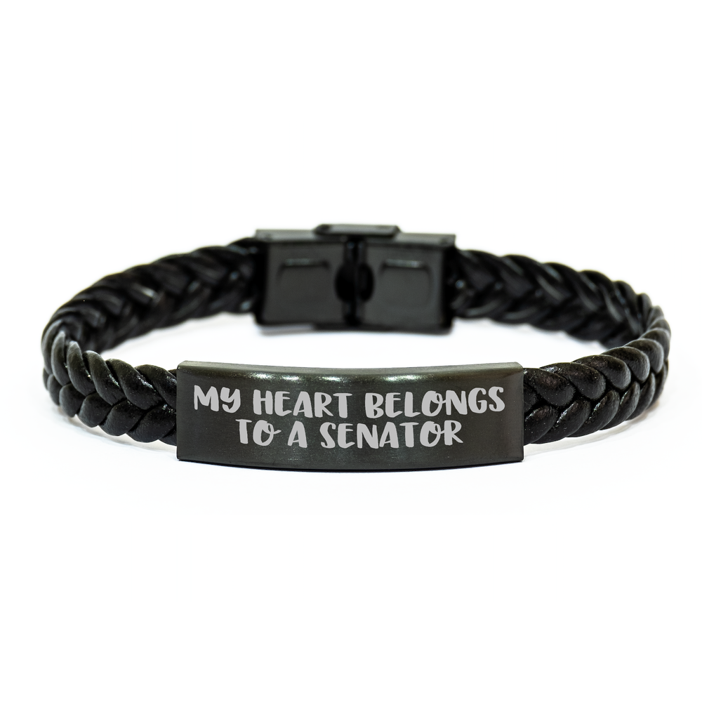 Funny Senator Gifts, My Heart Belongs To A Senator Interlaced Leather Bracelet, Gifts from Family to Senator, Unique Father's Day Unique Gifts - Image 1