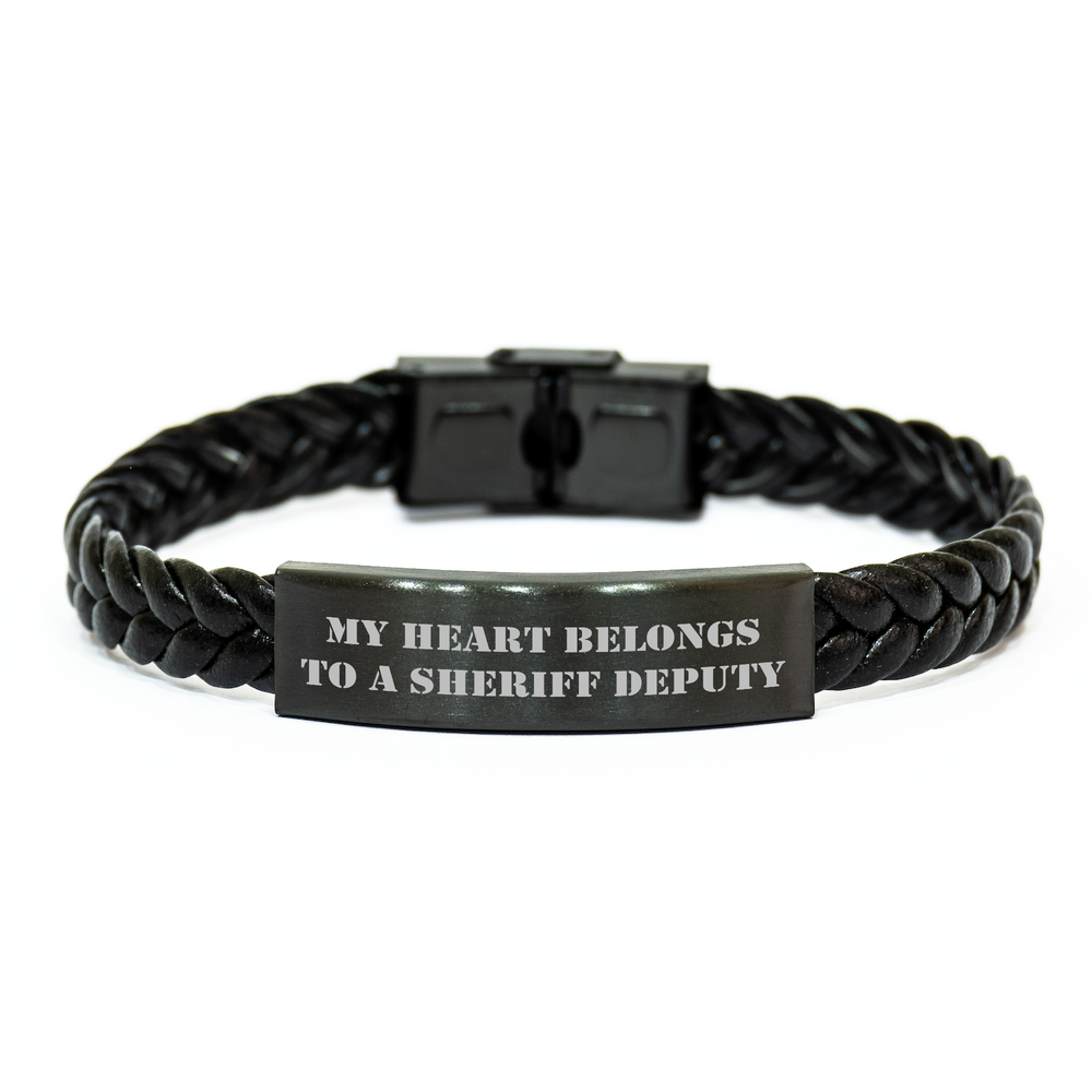 Funny Sheriff Deputy Gifts - My Heart Belongs To A Sheriff Deputy Interlaced Leather Bracelet for Men, Unique Gifts from Friends, Family, Coworkers, and Loved Ones for Father's Day - Image 1