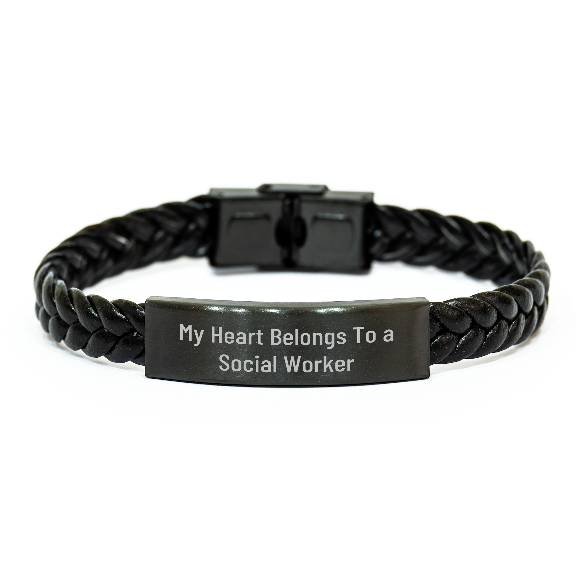 Funny Social Work Gifts for Him, Interlaced Leather Bracelet with 'My Heart Belongs To A Social Worker' Quote, Perfect Father's Day Unique Gifts from Men to Social Worker - Image 1