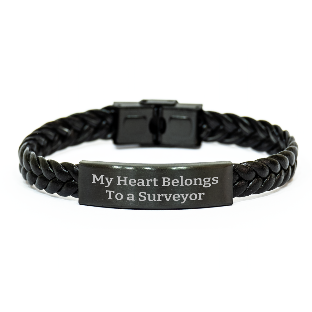 Funny Surveyor Gifts, My Heart Belongs To A Surveyor Interlaced Leather Bracelet, Father's Day Unique Gifts for Men, Gifts from Friends, Gifts for Surveyor - Image 1