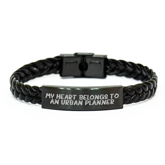 Funny Urban Planner Gifts, My Heart Belongs To An Urban Planner Interlaced Leather Bracelet for Men, Unique Gifts from Family, Coworkers, Friends, Father's Day Unique Gifts - Image 1