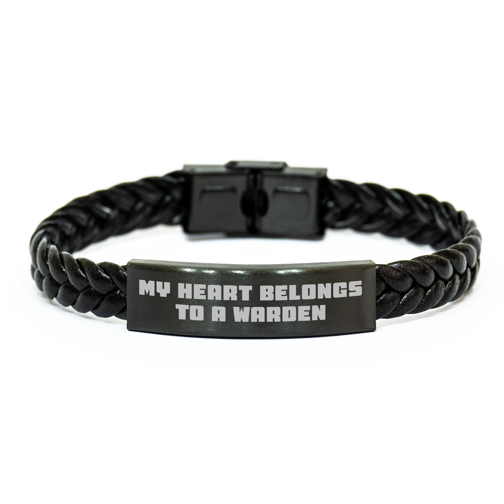 Warden's Heart, Interlaced Leather Bracelet, Funny Quote Gifts from Men to Warden for Father's Day - Image 1