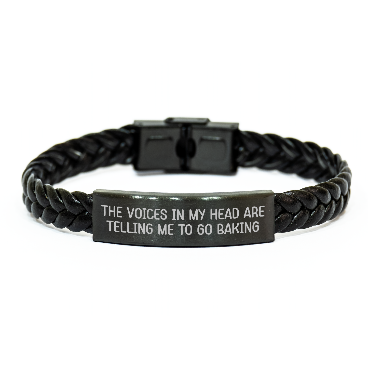 Funny Baking Gifts for Men, Interlaced Leather Bracelet from Friends, 'The Voices In My Head Are Telling Me To Go Baking' Quote, Unique Father's Day Presents - Image 1