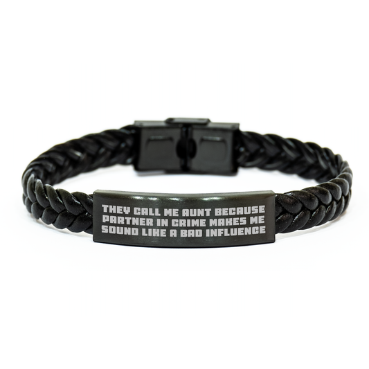 Funny Aunt Gifts from Men - Interlaced Leather Bracelet, They Call Me Aunt Because Partner In Crime Makes Me Sound Like A Bad Influence, Gifts for Aunt, Father's Day Unique - Image 1