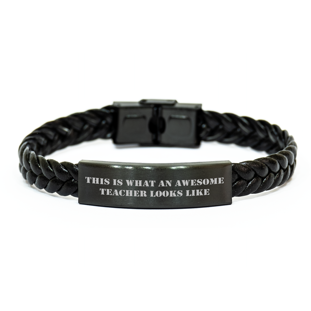 Inspirational Teacher Gifts for Father's Day - This Is What An Awesome Teacher Looks Like Interlaced Leather Bracelet for Men, Stainless Steel Inspirational Jewelry for Teachers - Image 1