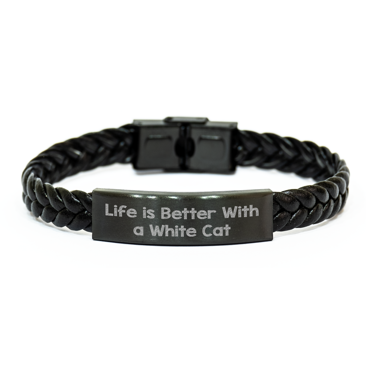 Funny White Cat Gifts for Men, Interlaced Leather Bracelet, Life Is Better With A White Cat Quote, Father's Day Unique Gifts from Family - Image 1