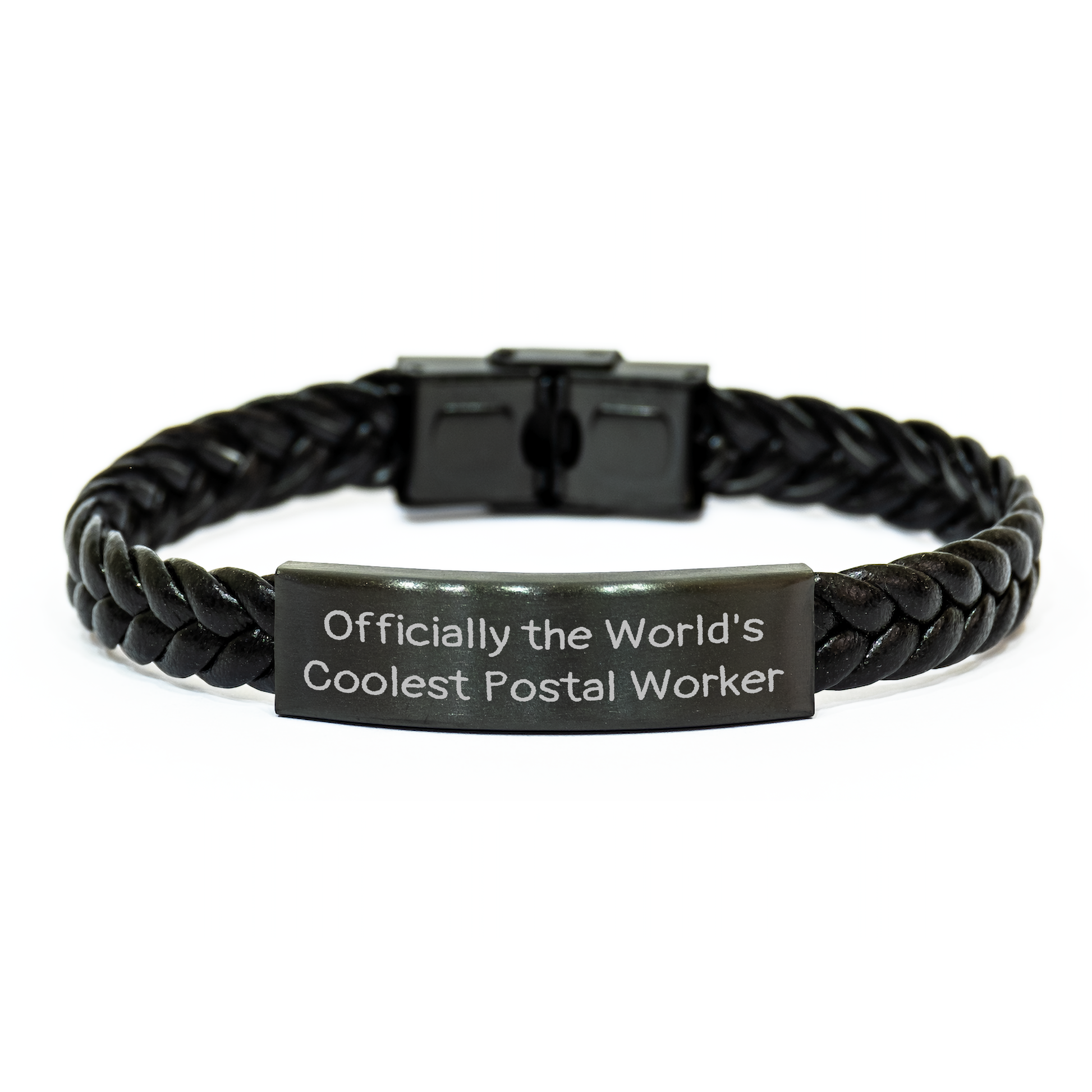 Funny Postal Worker Gifts - 'Officially The World's Coolest Postal Worker' Interlaced Leather Bracelet for Men, Unique Father's Day Unique Gifts from Family - Image 1