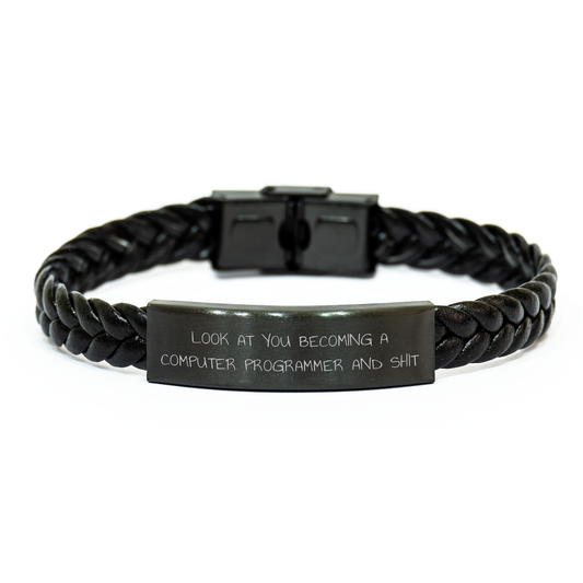 Funny Quote Interlaced Leather Bracelet for Computer Programmer Gifts, Gifts from Family to Daughter for Father's Day - Image 1