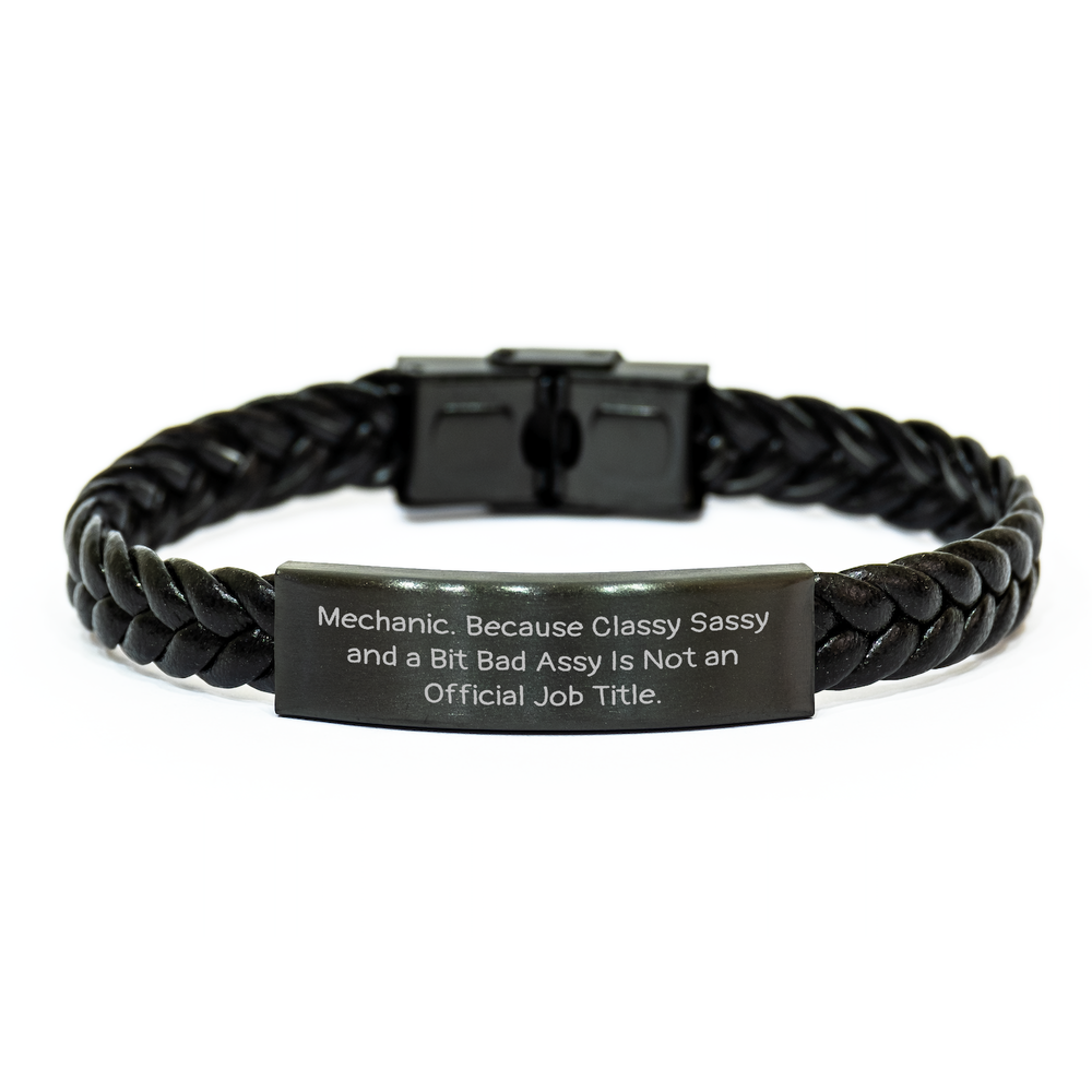 Mechanic Humor Gifts from Men to Mechanic Friends, Funny Interlaced Leather Bracelet for Father's Day, Classy Sassy And A Bit Fearlessy Quote, Stainless Steel PU Leather Accessory - Image 1