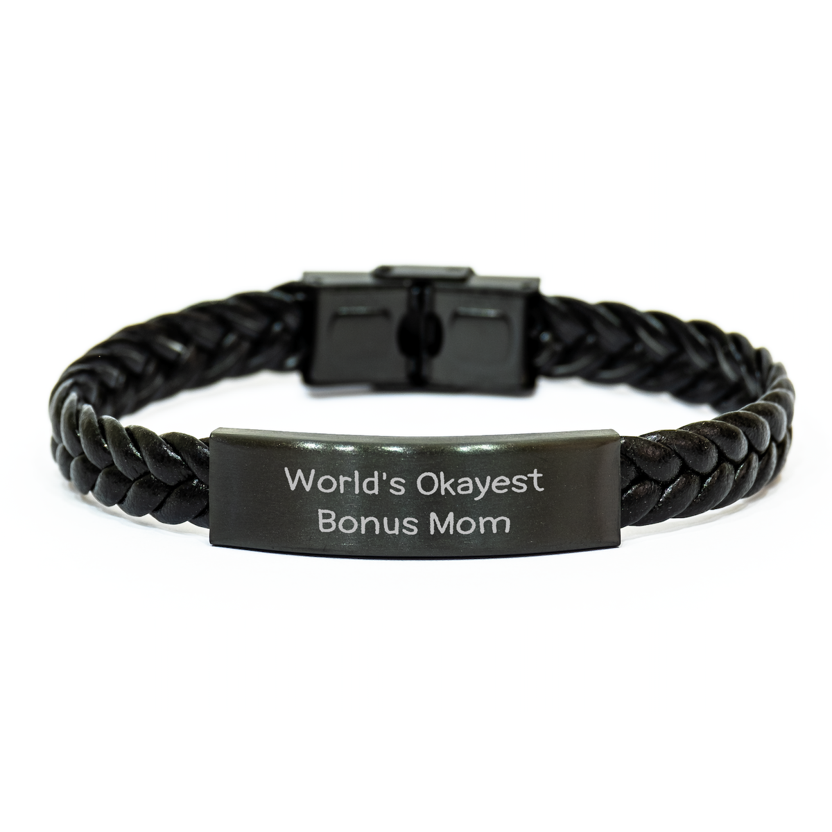 Funny World's Okayest Bonus Mom Interlaced Leather Braces for Dad's Unique Gifts from Family - Image 1
