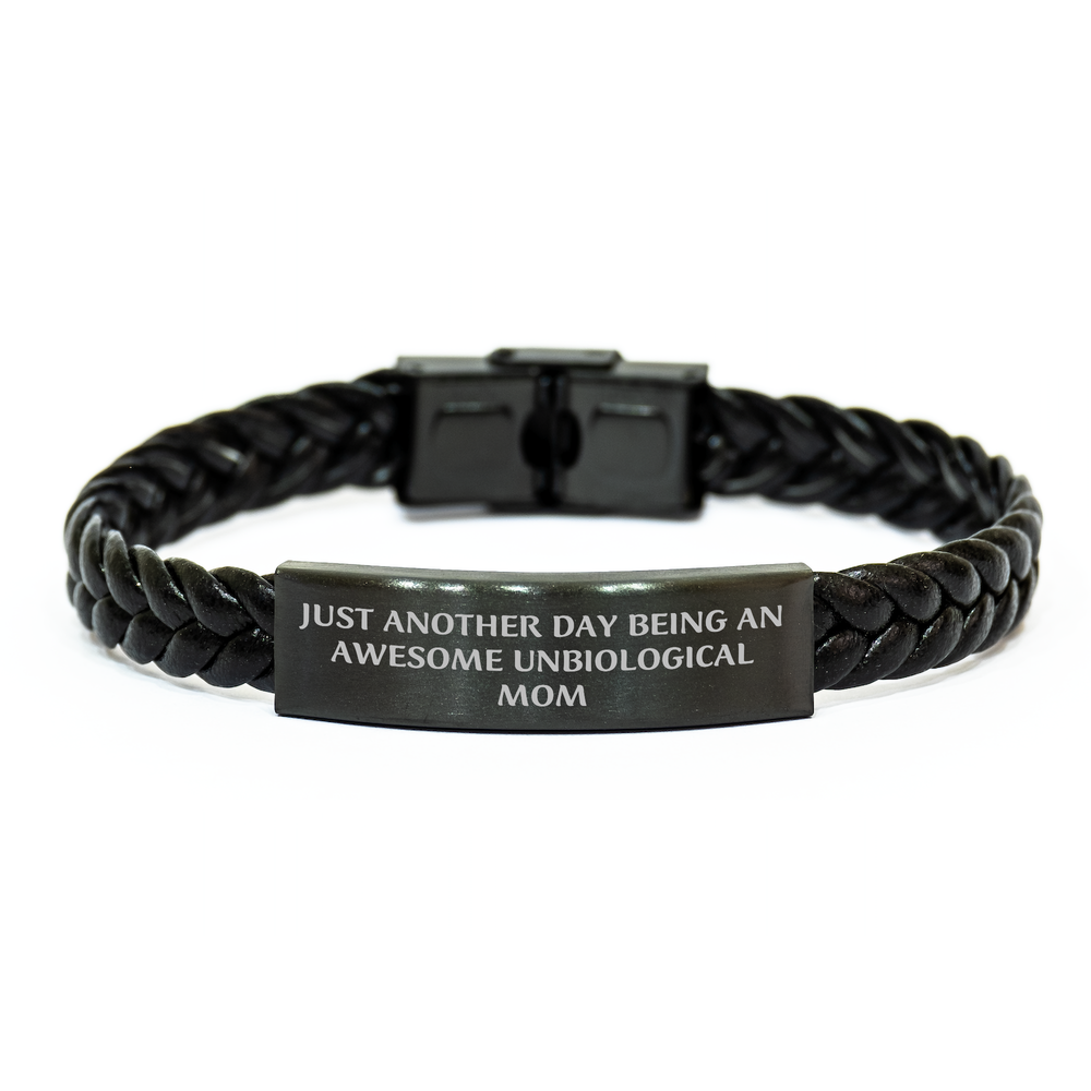 Unbiological Mom Gifts, Funny Quote, Interlaced Leather Graduation Wristband for Unbiological Mom, Gifts from Family, Unique Graduation Gifts for Unbiological Mom - Image 1