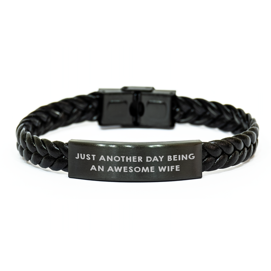 Gifts from Men to Wife, Just Another Day Being An Awesome Wife Interlaced Leather Bracelet for Graduation, Stainless Steel and PU Leather Combination - Image 1