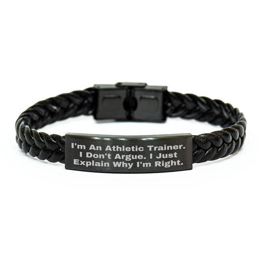 Funny Athletic Trainer Gifts from Friends - Graduation Unique Gifts for Men - Interlaced Leather Bracelet with Engraved Stainless Steel - Image 1