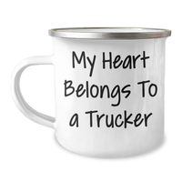 Load image into Gallery viewer, Funny Trucker Gifts for Him - My Heart Belongs To A Trucker Quote Camping Mug, 12 oz Stainless Steel Enamel Finish, Gifts from Men for Father&#39;s Day - Image 1
