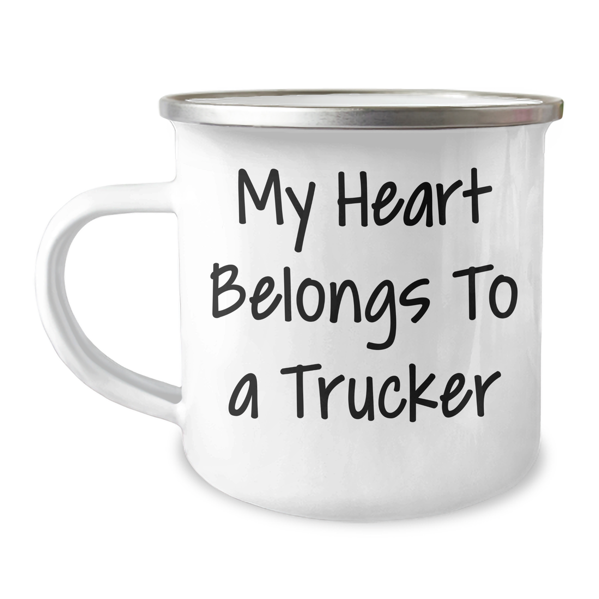 Funny Trucker Gifts for Him - My Heart Belongs To A Trucker Quote Camping Mug, 12 oz Stainless Steel Enamel Finish, Gifts from Men for Father's Day - Image 1
