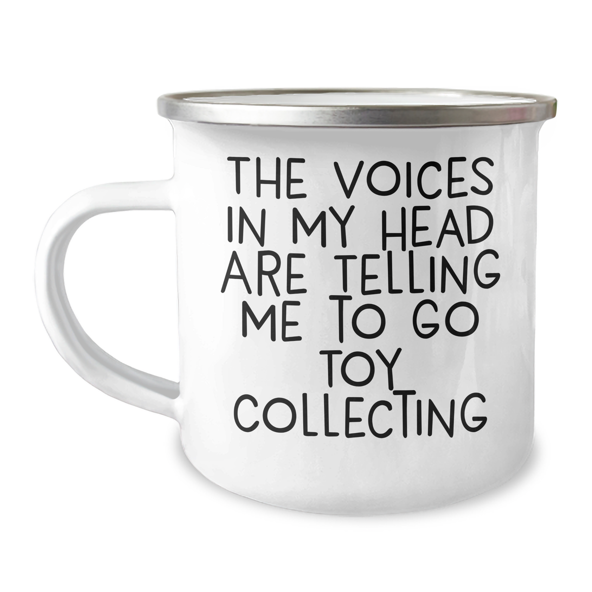 Funny Toy Collecting Gifts for Men Camping Mug, 'The Voices In My Head Are Telling Me To Go Toy Collecting' Quote, 12 oz Stainless Steel with Enamel Finish, Gifts from Men to Men for Father's Day - Image 1