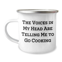 Load image into Gallery viewer, Funny Cooking Quote Camping Mug, Gifts from Men to Cooking Enthusiasts for Father&#39;s Day, &#39;The Voices In My Head Are Telling Me To Go Cooking&#39; - 12 oz Stainless Steel with Enamel Finish - Image 1
