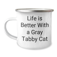 Load image into Gallery viewer, Gray Tabby Cat Lovers&#39; Fun Camping Mug, Gifts from Friends and Family for Men, Inspirational Quote, 12 oz Stainless Steel with Enamel Finish - Image 1
