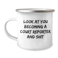 Load image into Gallery viewer, Funny Court Reporter Gifts for Dad - &#39;Look At You Becoming A Court Reporter And Shit&#39; Enamel Camping Mug, 12 oz, Gifts from Family to Court Reporter - Image 1
