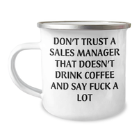Load image into Gallery viewer, Funny Sales Manager Gifts from Friends - &#39;Don&#39;t Trust A Sales Manager...&#39; Enamel Camping Mug for Graduation - Image 1
