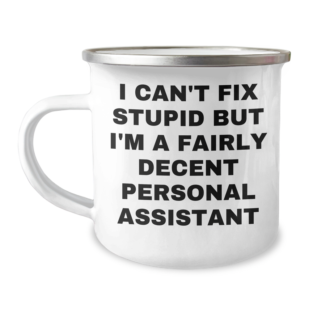 Funny Personal Assistant Gifts from Friends for Graduation, I Can't Fix Stupid But I'm A Fairly Decent Camping Mug - Image 1