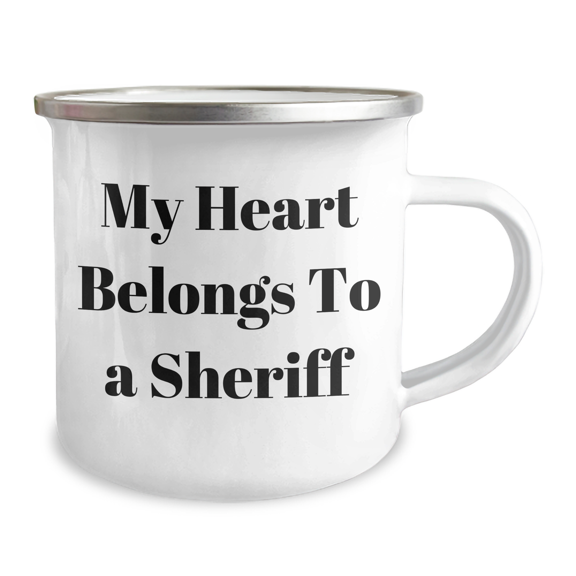 Sheriff Gifts from Campings for Father's Day, Funny Camping Mug - 'My Heart Belongs To A Sheriff', 12 oz Stainless Steel with Enamel Finish - Image 2