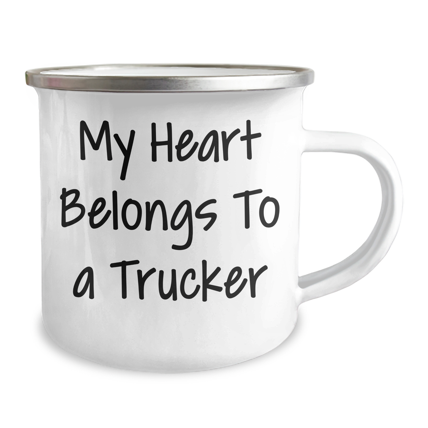 Funny Trucker Gifts for Him - My Heart Belongs To A Trucker Quote Camping Mug, 12 oz Stainless Steel Enamel Finish, Gifts from Men for Father's Day - Image 2