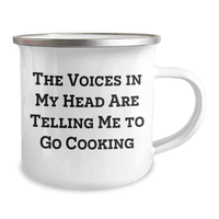 Load image into Gallery viewer, Funny Cooking Quote Camping Mug, Gifts from Men to Cooking Enthusiasts for Father&#39;s Day, &#39;The Voices In My Head Are Telling Me To Go Cooking&#39; - 12 oz Stainless Steel with Enamel Finish - Image 2

