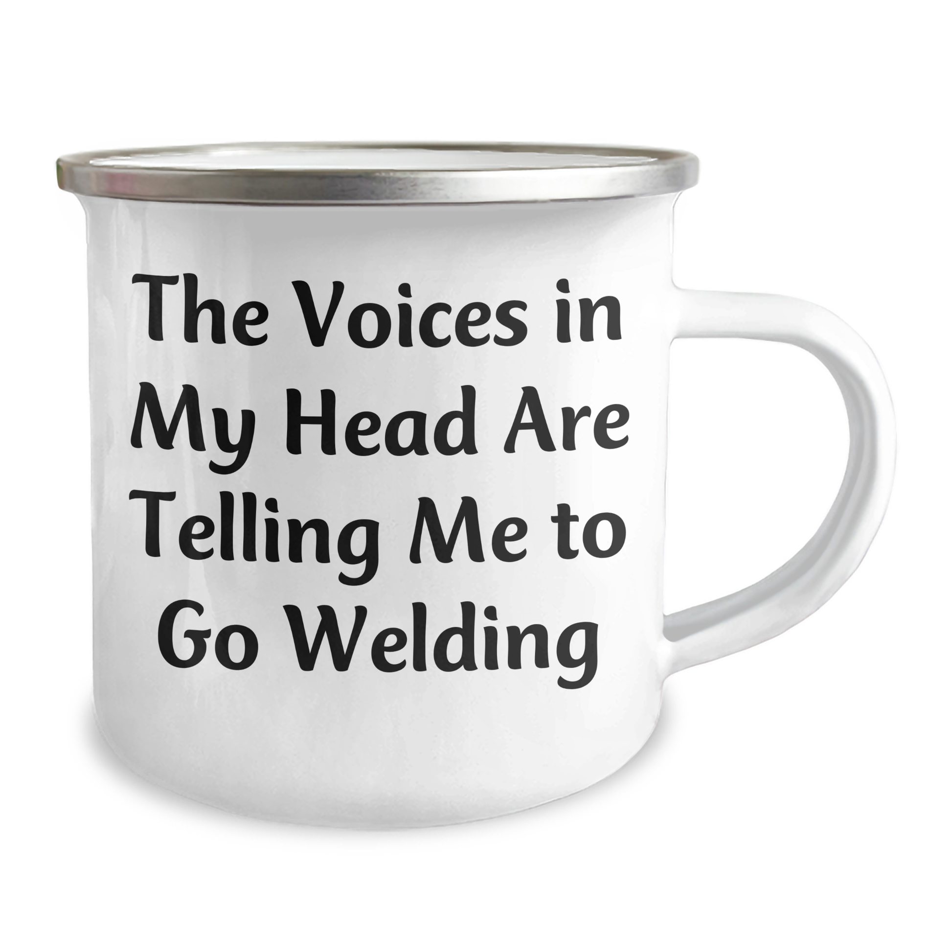 Welding Humor Gifts from Friends for Men on Father's Day - 'The Voices In My Head Are Telling Me To Go Welding' Enamel Camping Mug - Image 2