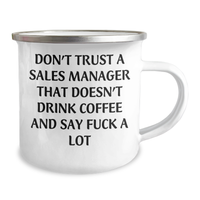 Load image into Gallery viewer, Funny Sales Manager Gifts from Friends - &#39;Don&#39;t Trust A Sales Manager...&#39; Enamel Camping Mug for Graduation - Image 2
