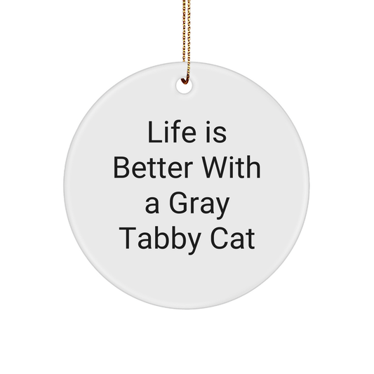 Gray Tabby Cat Gifts from Friends - 'Life Is Better With A Gray Tabby Cat' Circle Ornament for Christmas - Image 1