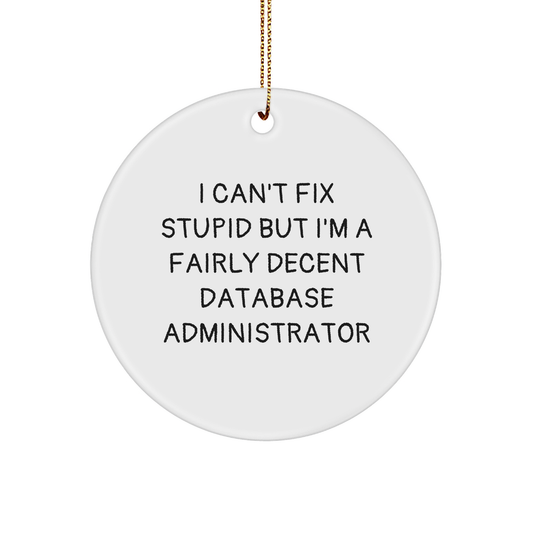 Funny Database Administrator Gifts for Christmas - 'I Can't Fix Stupid But I'm A Fairly Decent' Circle Ornament from Friends for Men or Women - Image 1