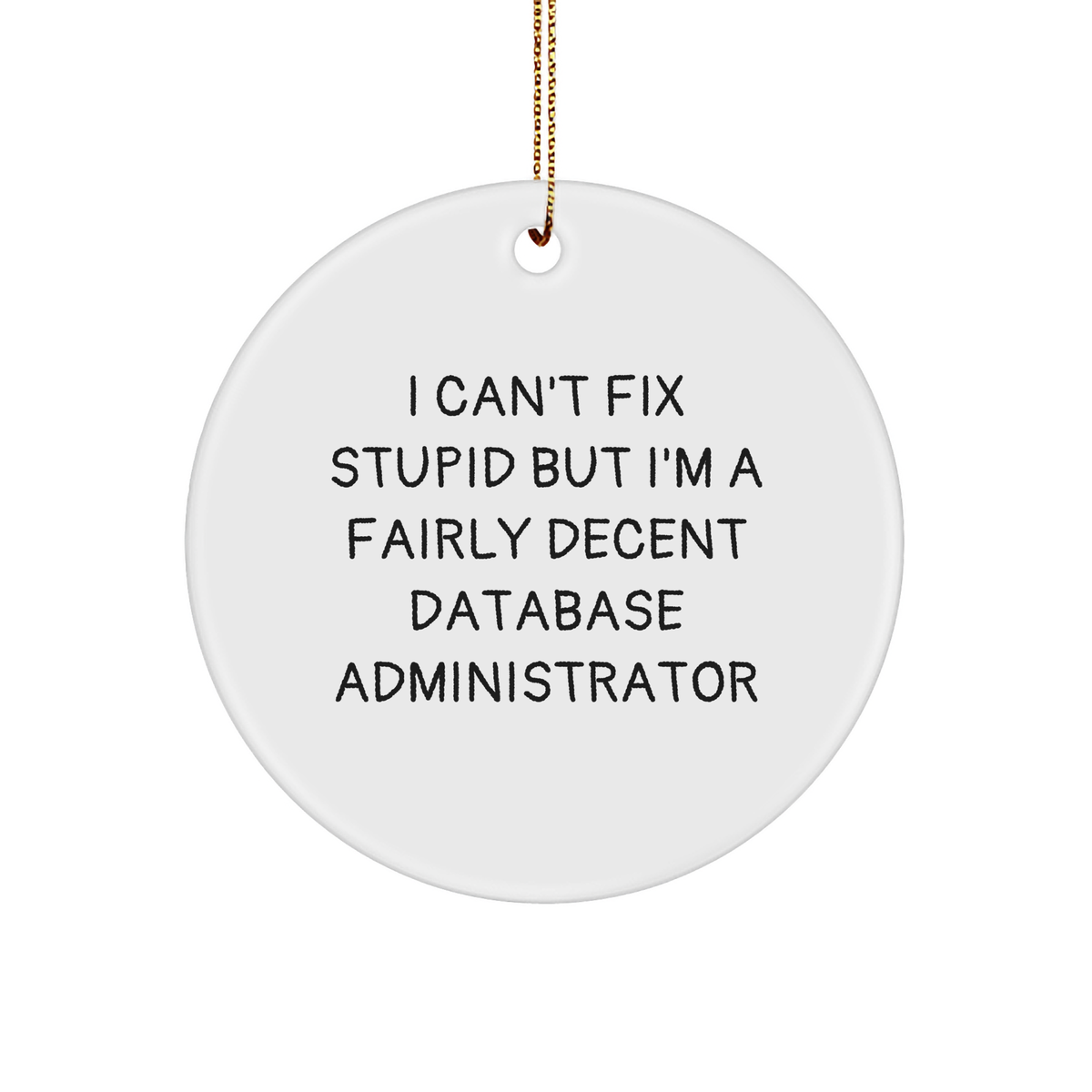 Funny Database Administrator Gifts for Christmas - 'I Can't Fix Stupid But I'm A Fairly Decent' Circle Ornament from Friends for Men or Women - Image 1