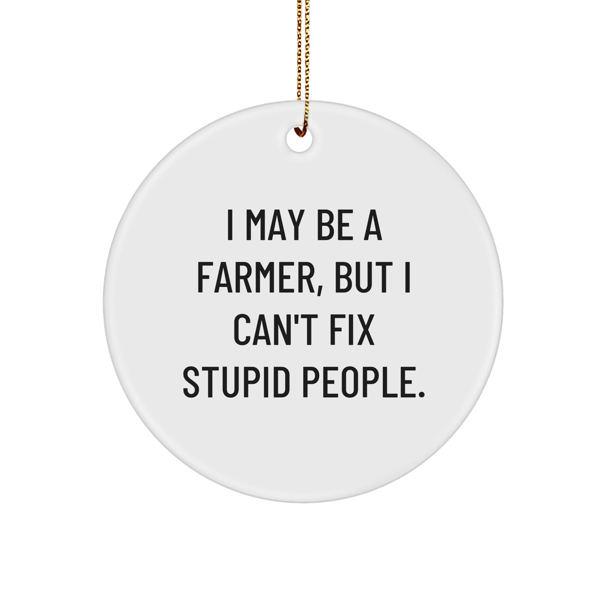 Funny Farmer Gifts for Men, I May Be A Farmer But I Can't Fix Stupid People, Christmas Circle Ornament, White Sturdy MDF, Gold Tone, Unique, Funny Quote - Image 1