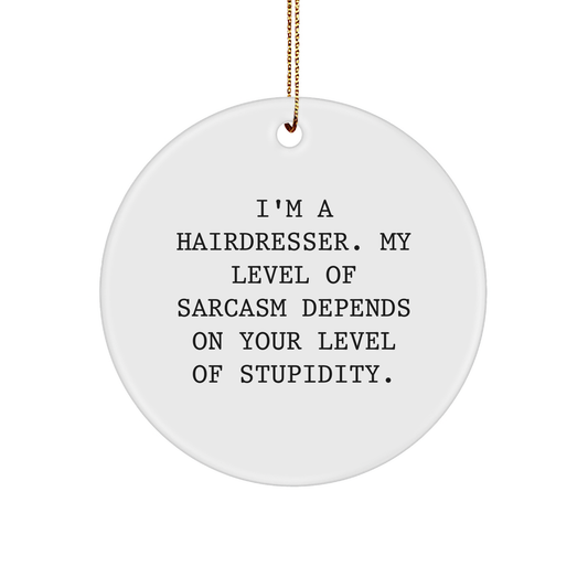 Funny Hairdresser Gifts from Friends for Hairdresser - 'I'm A Hairdresser. My Level Of Sarcasm Depends On Your Level Of Stupidity.' Circle Ornament - Image 1