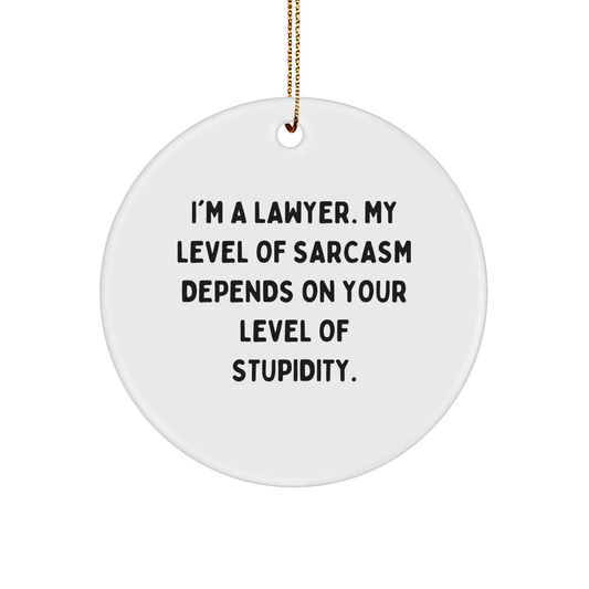 Gifts from a Sassy Lawyer: I'm a Lawyer, My Level of Sarcasm Depends on Your Level of Stupidity, Funny Circle Ornament for Christmas - Image 1