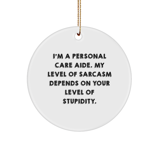 Personal Care Aide Sarcasm Gifts: Funny White Sturdy MDF Circle Ornament for Christmas, Perfect for the Personal Care Aide in Your Life Who Has a Sense of Humor - Image 1