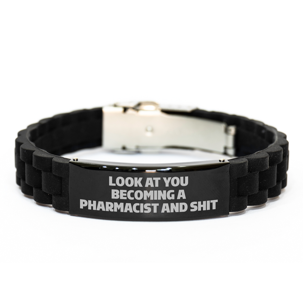 Funny Pharmacist Gifts from Friends - Glide lock Clasp Black Stainless Steel Adjustable Silicone Bracelet for Pharmacist Graduation - Image 1