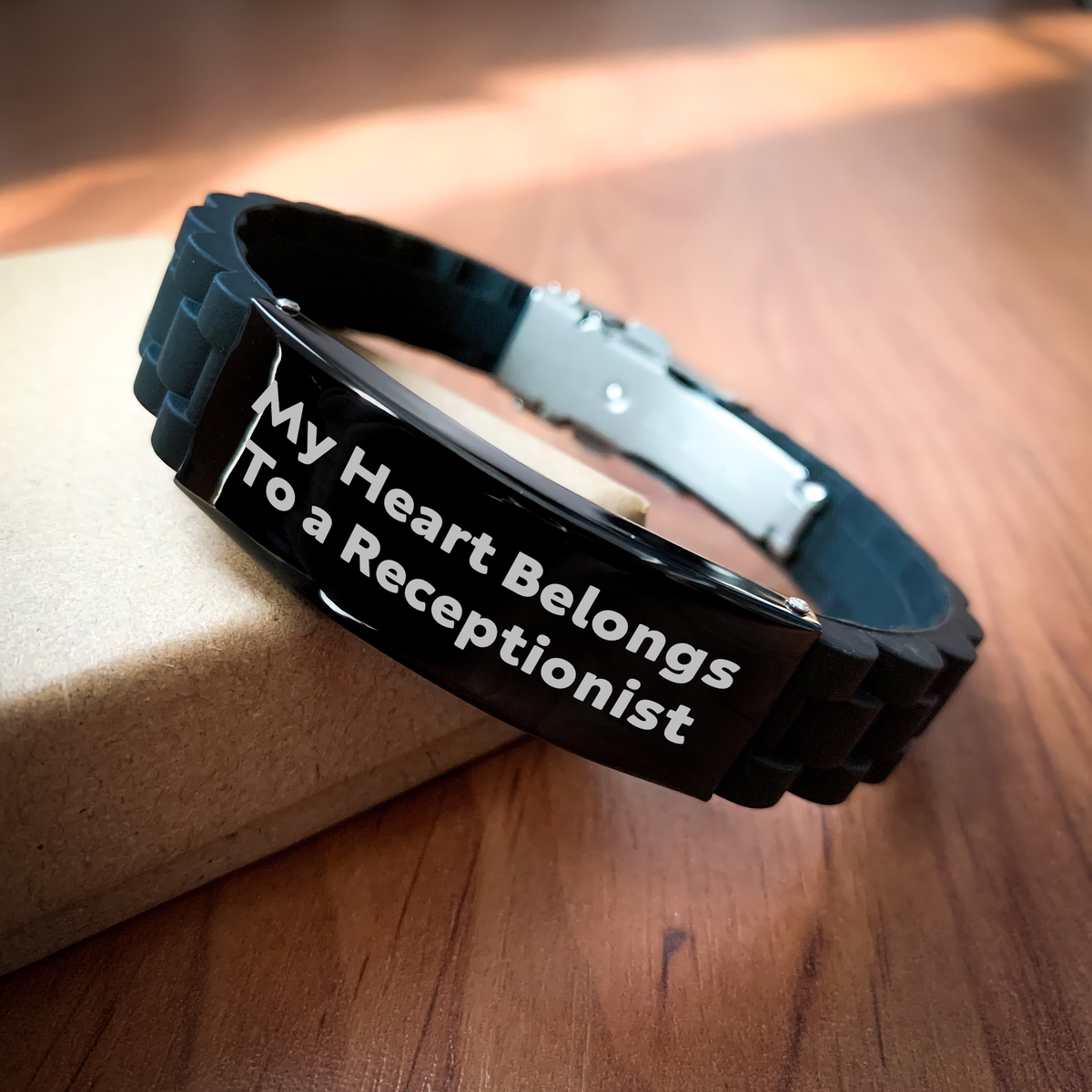 Receptionist Gifts, My Heart Belongs To A Receptionist, Funny Quote Glide lock Clasp Bracelet for Men, Women, Coworkers, Family on Father's Day - Gifts from Men to Coworkers, Friends, Family - Image 2