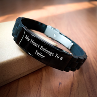 Load image into Gallery viewer, Funny Teller Gifts for Men, My Heart Belongs To A Teller Glide lock Clasp Black Stainless Steel Silicone Adjustable Watch for Father&#39;s Day Unique Gifts from Family - Image 2
