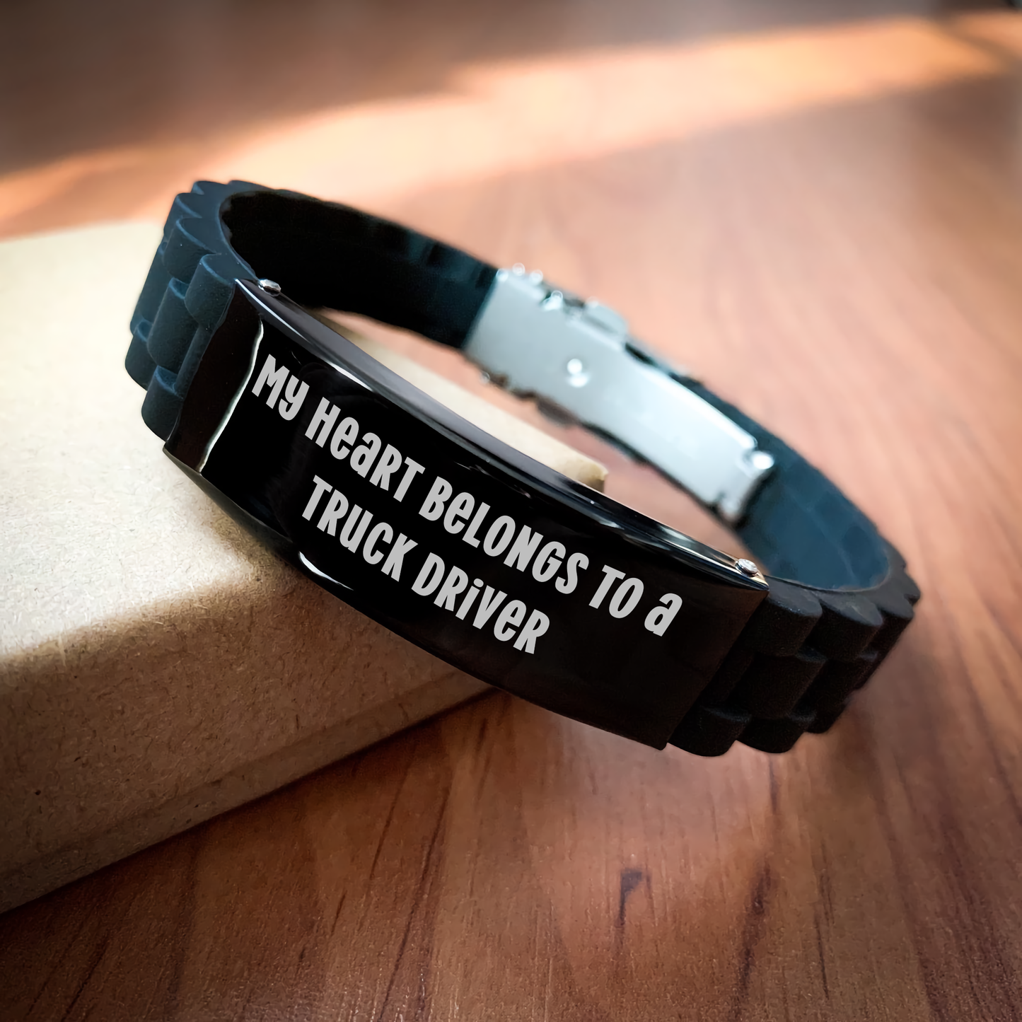 Truck Driver Gifts for Father's Day - 'My Heart Belongs To A Truck Driver' Glide lock Clasp Bracelet from Men, Adjustable Silicone Silver Stainless Steel - Image 2