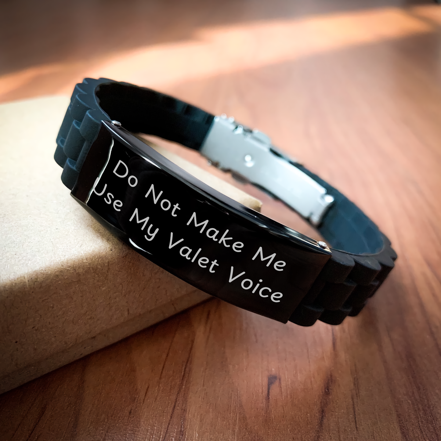 Valet's Funny Father's Day Unique Gift, Glide lock Clasp Adjustable Black Stainless Steel Silicone Bracelet, 'Do Not Make Me Use My Valet Voice', Men's Gifts from Friends, Family - Image 2