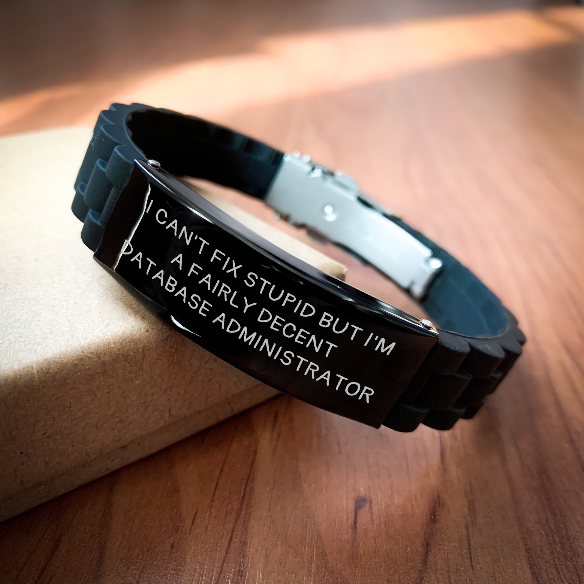 Funny Database Administrator Gifts for Dad - 'I Can't Fix Stupid' Glide lock Clasp Bracelet from Men - Image 2