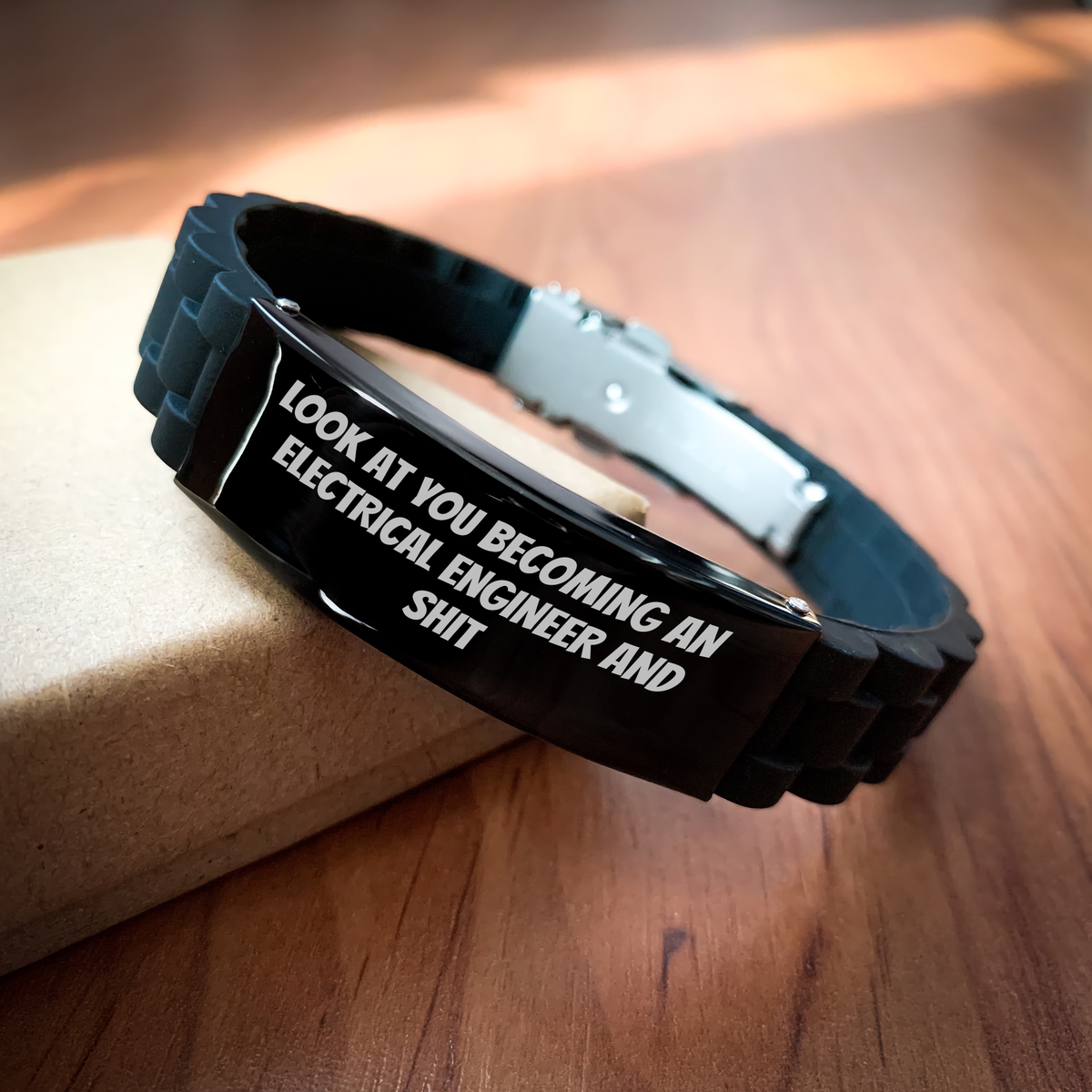 Electrical Engineer Gifts Funny Quote Glide lock Clasp Bracelet, Gifts from Family to Electrical Engineer Graduate, Adjustable Black Stainless Steel Silicone, Premium Bag Included. - Image 2