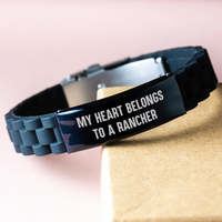 Load image into Gallery viewer, Rancher Gifts from Men - &#39;My Heart Belongs To A Rancher&#39; Glide lock Clasp Black Stainless Steel Silicone Adjustable Gift for Father&#39;s Day - Image 3
