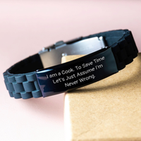 Load image into Gallery viewer, Funny Cook Gifts from Men, &#39;I Am A Cook. To Save Time Let&#39;s Just Assume I&#39;m Never Wrong.&#39; Glide lock Clasp Black Stainless Steel Adjustable Bracelet for Cooks on Father&#39;s Day - Image 3
